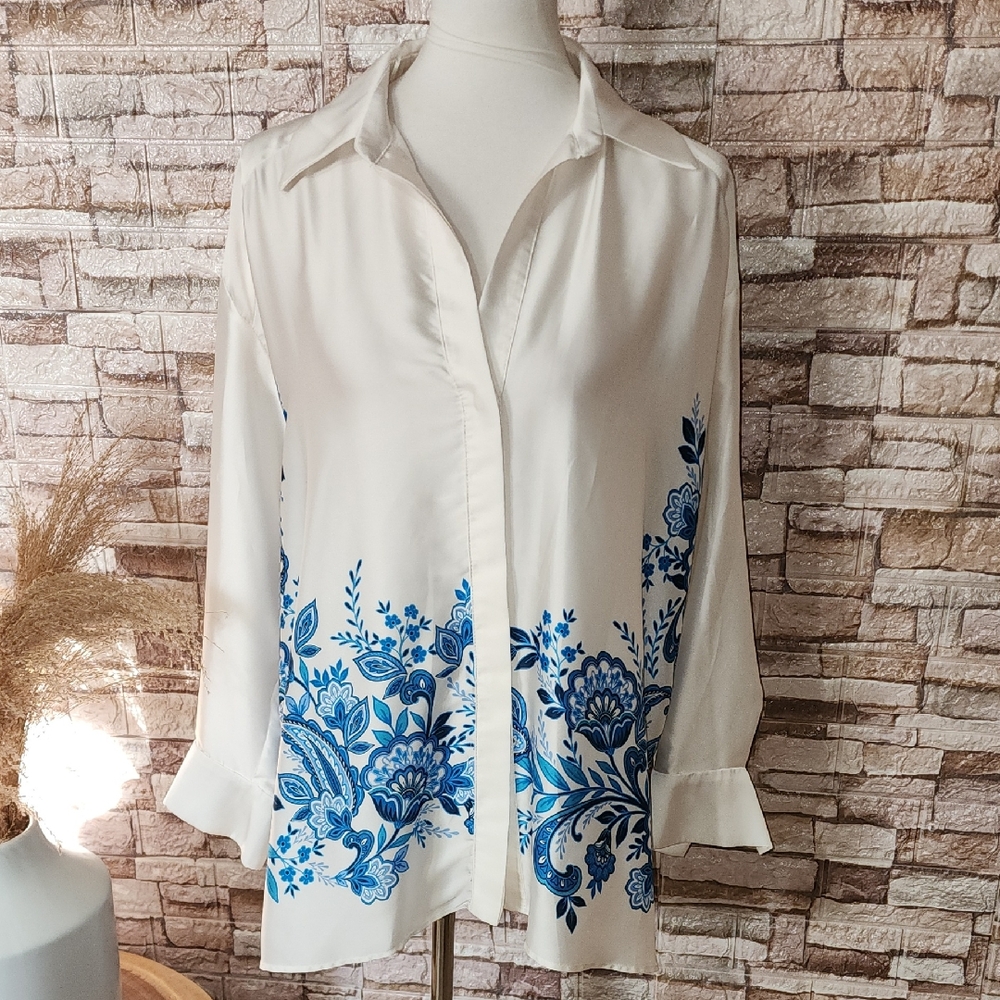 Zara Cream Button-Down Shirt with Blue Floral Border Print